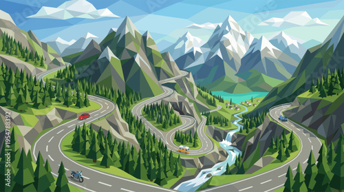 A stylized, geometric illustration depicts a winding road through a lush green mountain range, featuring a river, lake, and small village under a bright blue sky.