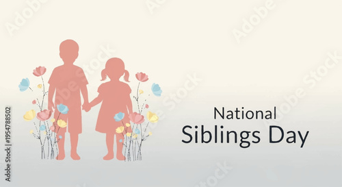 National siblings day celebration with happy brother and sister holding hands surrounded by colorful flowers on a light background