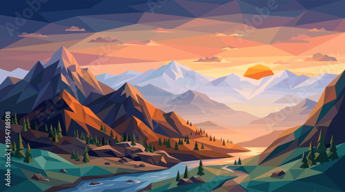 A low-poly illustration depicts a serene mountain landscape at sunset with a winding river and snow-capped peaks bathed in warm, golden light.