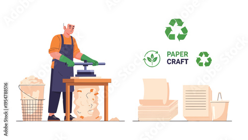 Crafting Paper from Recycled Material: An illustration depicts the paper craft process from recycled material to generate new paper.