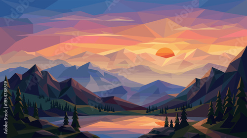 A stylized geometric landscape depicts a vibrant sunset over a serene lake, with layered mountains and dark pine trees in the foreground, conveying a sense of calm and natural beauty.