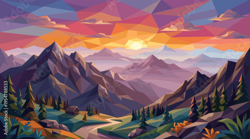 A vibrant, low-poly style landscape depicts towering mountains and a winding path leading to a cabin under a colorful sunset sky with scattered clouds.