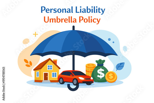 Home and car protected by a large blue umbrella symbolizing insurance.