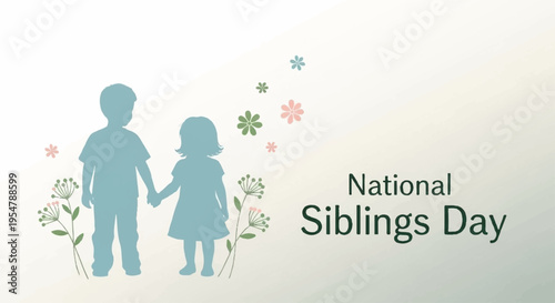 National siblings day celebration with silhouettes of a boy and girl holding hands surrounded by flowers