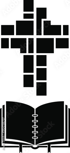 Black cross made of rectangles above open book
