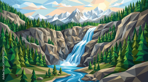 A stylized polygonal landscape features a majestic waterfall cascading down rugged cliffs, surrounded by pine trees and snow-capped mountains under a vibrant sky.