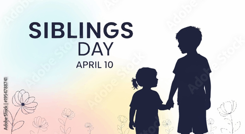 Silhouette of a boy and girl holding hands on siblings day april 10 with flowers and pastel background