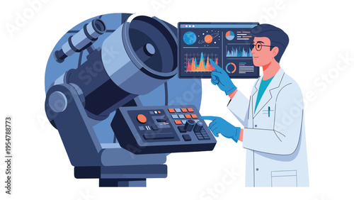 Science Observer: A scientist intently monitors complex data on a large monitor. Utilizing scientific equipment to gather, analyze, and interpret information.
