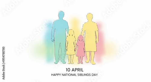 Family standing together on national siblings day colorful illustration with rainbow background