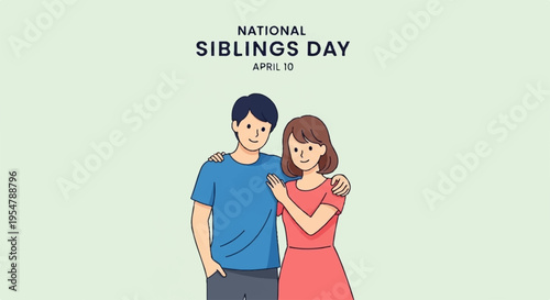 Siblings day illustration of brother and sister in casual clothes embracing on light green background