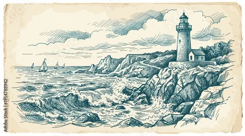 A vintage-style sketch depicts a lighthouse on a rocky coast with crashing waves and sailboats on the sea under a cloudy sky, rendered on aged paper.