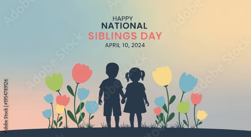 Silhouette of siblings holding hands with colorful flowers at sunset celebrating national siblings day