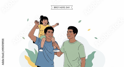 Happy family with father carrying little girl on shoulders and walking with friend outdoors