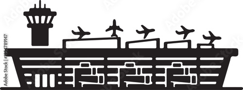 Vector illustration of airport terminal with planes and control tower