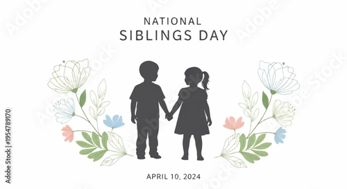 Silhouette of a boy and girl holding hands with flowers on national siblings day april 10 2024