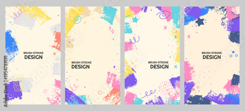 Vector illustration. Set of four vertical abstract banners with colorful brushstrokes, playful doodles, and vibrant textures. Design for social media stories, mobile marketing, flyers, coupons