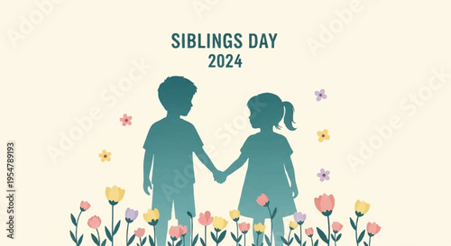 Sibling love concept with two kids holding hands in colorful flowers and stars on sibling day 2024