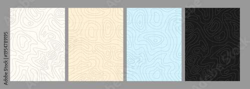 Vector illustration. Vertical topographic map with contour lines. Minimalist patterns for modern poster, book or magazine cover, flyer. Geography design. Trail routes on a colored paper background