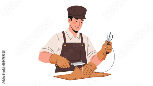 Artisan's Craft: A skilled artisan meticulously works with leather, expertly manipulating tools to shape and create a finely crafted product. 