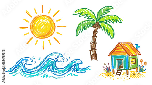 Whimsical crayon-style illustration of a sun, palm tree, waves, and a small beach hut on a white background, perfect for playful designs.