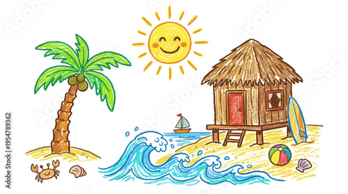 This charming crayon illustration depicts a vibrant tropical beach scene with a palm tree, sun, beach hut, surfboard, and ocean waves, evoking a fun, vacation mood.