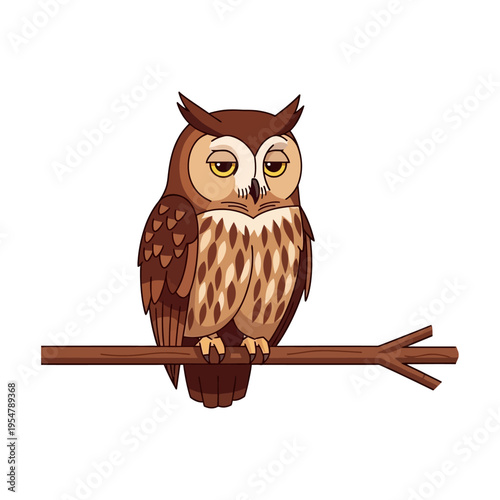 A cartoon illustration of a sleepy owl perched on a tree branch, with its eyes half-closed.