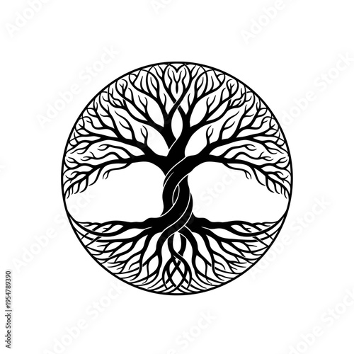 Stylized black and white illustration of the Tree of Life symbol within a circle, representing growth, connection, and eternity.