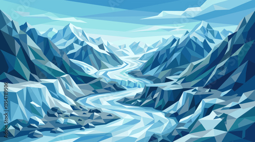 Abstract geometric illustration of a glacial landscape with a winding river flowing through icy mountains, rendered in cool blue tones.