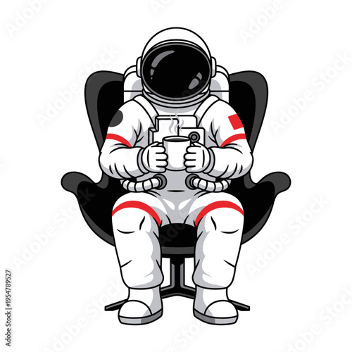 Astronaut sitting in a chair holding a cup of coffee, relaxing in space.