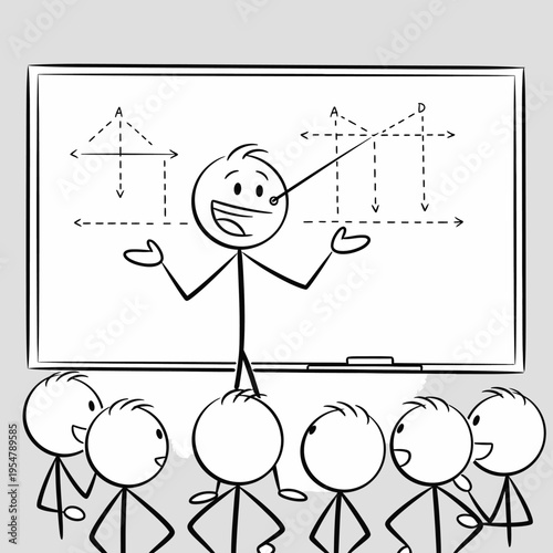 Stick figure teacher explaining geometry with diagrams on a whiteboard to attentive students.