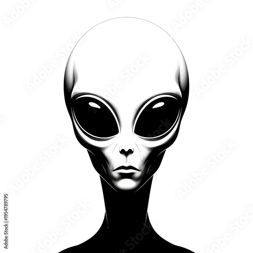 Close-up portrait of a classic grey alien with large black eyes and a pale face, rendered in a dramatic black and white illustration style.