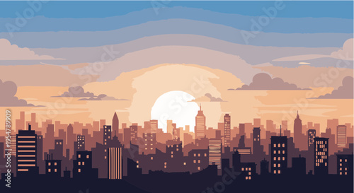 Vibrant Urban City Skyline Silhouette at Sunset Vector Illustration