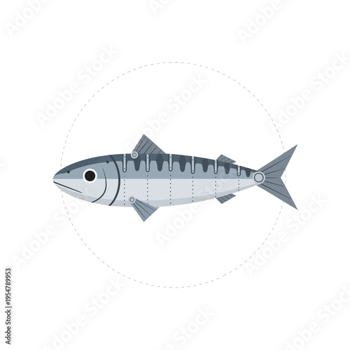 Stylized illustration of a mackerel fish with a robotic or mechanical appearance, set against a simple dotted circle background.