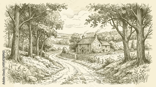 A hand-drawn sketch depicts a charming stone cottage in a rolling rural landscape, framed by trees, conveying a peaceful, nostalgic atmosphere ideal for artistic or historical themes.