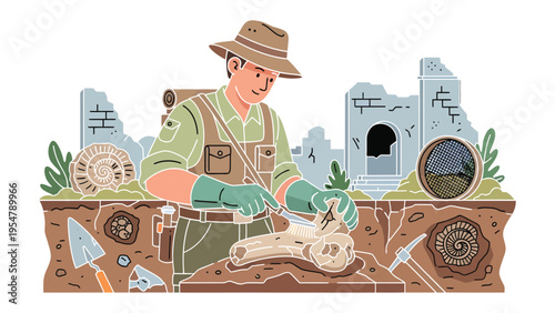 Unearthing the Past: A dedicated archaeologist meticulously uncovers ancient mysteries, revealing fragments of history from the depths of time. 
