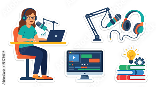 A collection of stickers illustrating a woman podcasting, a microphone setup, video editing software, and educational resources for content creation and learning.