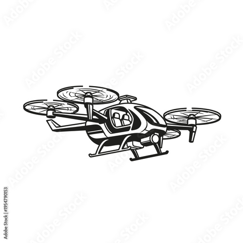 Modern Futuristic Drone Aircraft with Four Rotors and Cockpit for Passengers.