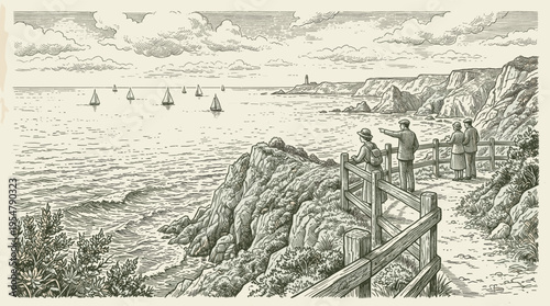 Vintage-style engraving of a couple standing on a cliff path, overlooking the ocean with sailboats and a distant lighthouse.