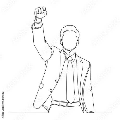 A man in a suit with his fist raised in the air, symbolizing power, success, and determination in a continuous line drawing.