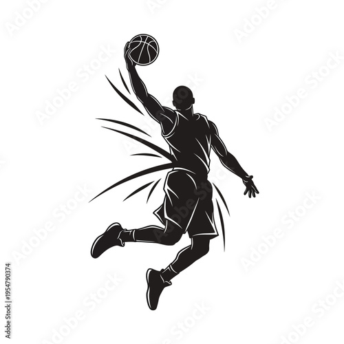 Silhouette of a basketball player performing a slam dunk with dynamic motion lines.