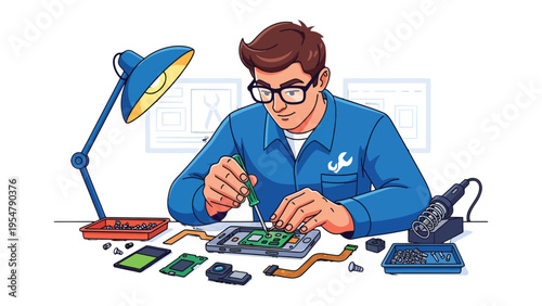 Tech Repair: A skilled technician, meticulously focused, dedicates himself to the intricate repair of electronic components.