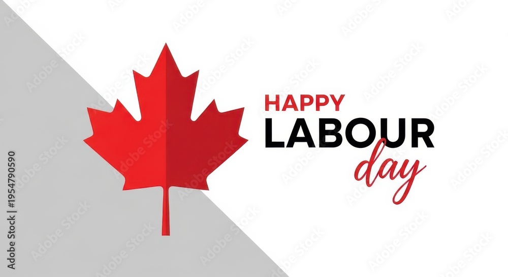 Fototapeta premium Happy labour day with maple leaf on white and grey background
