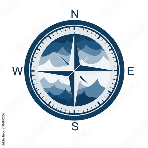 A navigational compass with a stylized ocean wave pattern inside, indicating direction and travel.