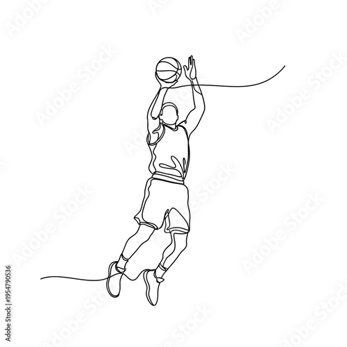 Continuous line drawing of a basketball player jumping to shoot a basketball, isolated on white background.
