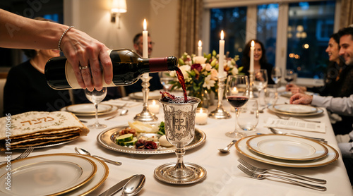 Hand pouring red wine into a silver goblet at a dining table. Traditional Passover Seder setting with matzah and family in the background. Jewish holiday ritual