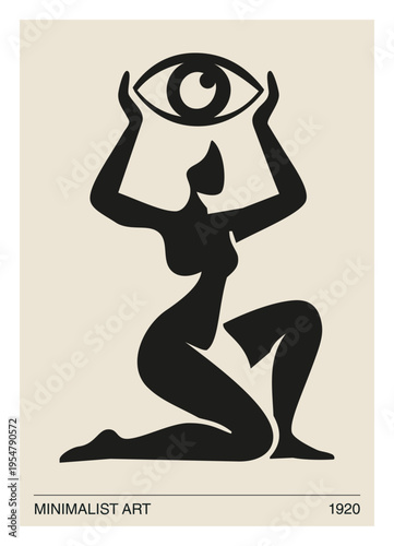 Foto Minimalist Abstract Woman Holding Eye Symbol, Modern Mystical Silhouette Illustr