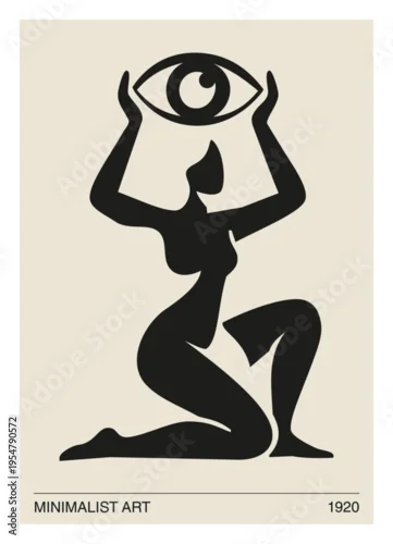 Fototapeta na wymiar Minimalist Abstract Woman Holding Eye Symbol, Modern Mystical Silhouette Illustration