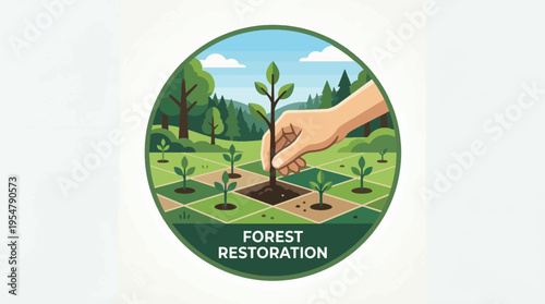Forest Restoration Vector Illustration: Hand Planting Seedling in Green Landscape for Reforestation and Environment