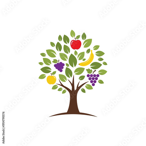 A stylized illustration of a tree bearing various fruits including apples, bananas, and grapes, symbolizing abundance and nature's bounty.