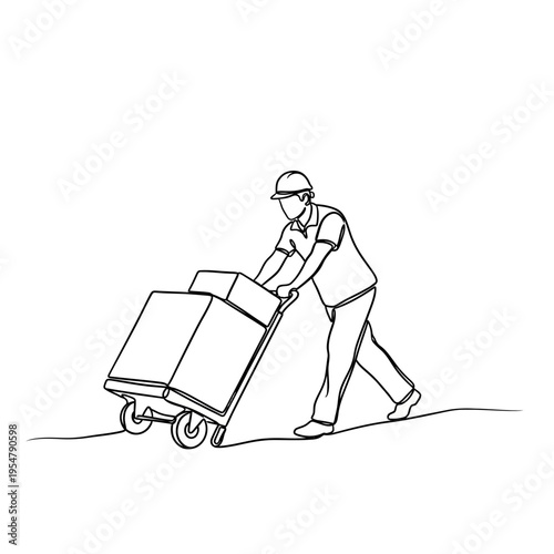 Delivery worker pushing a trolley with boxes, simple line art illustration.